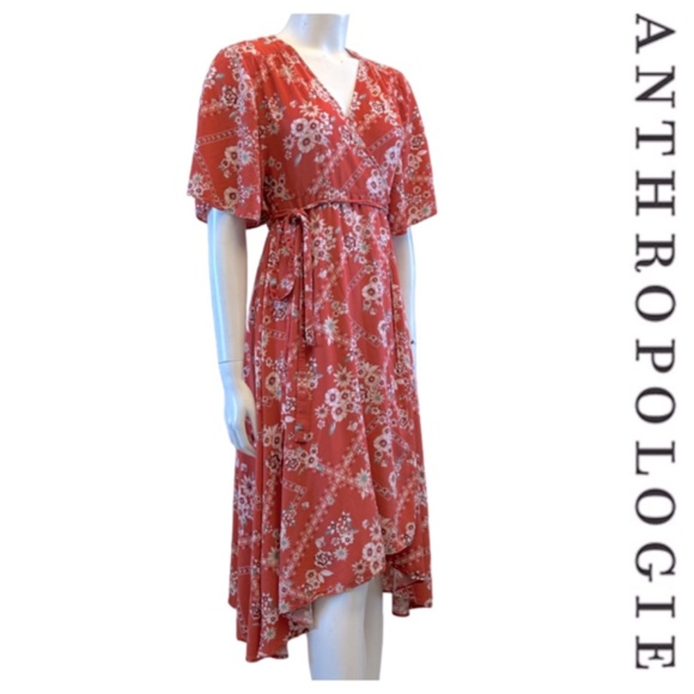 ABEL THE LABEL Anthropologie pretty floral ruffle wrap style hi low boho dress